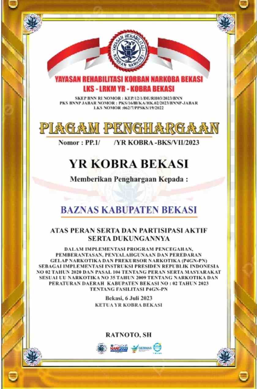 Keterangan gambar : Piagam Penghargaan si berikan kepada Baznas Kabupaten Bekasi 