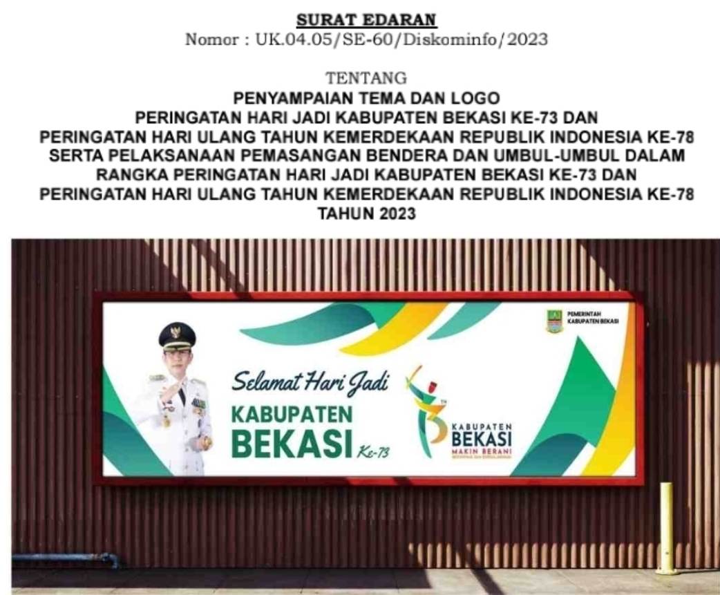 Keterangan gambar : Surat Edaran Pj.Bupati Bekasi dan Logo Hari Jadi Kabupaten Bekasi ke-73 