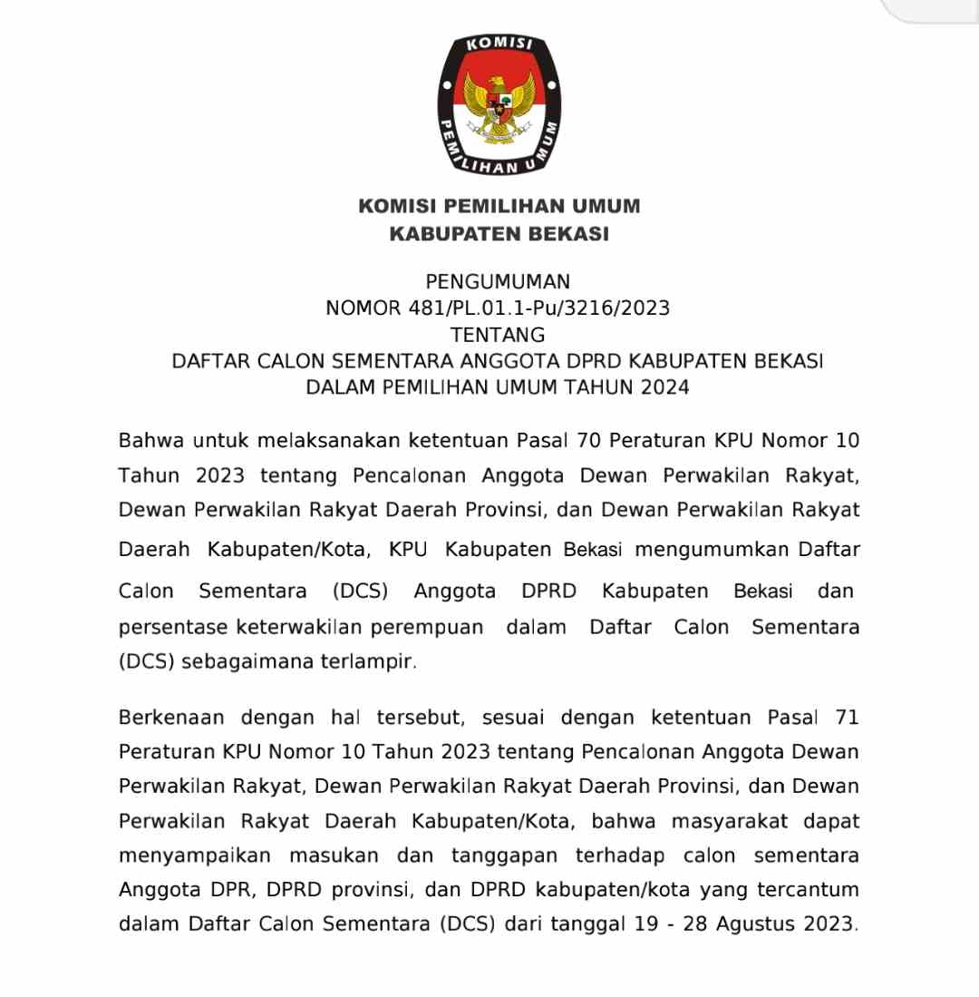 Pengumuman DCS KPUD Kabupaten Bekasi 2024